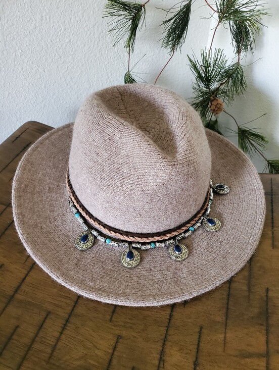Altar'd State Accessories - Altar'd State Boho Western Fedora Hat Knit Wool Blend Brown Medallion Trim